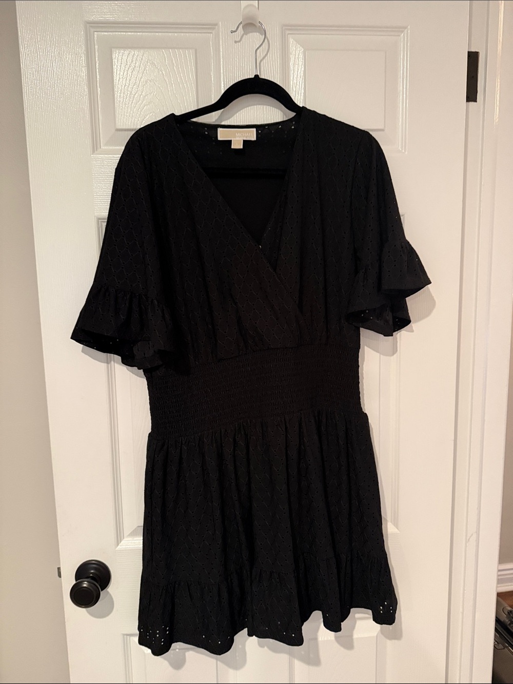 Michael Kors Black Eyelet Smocked-Waist Midi Dress